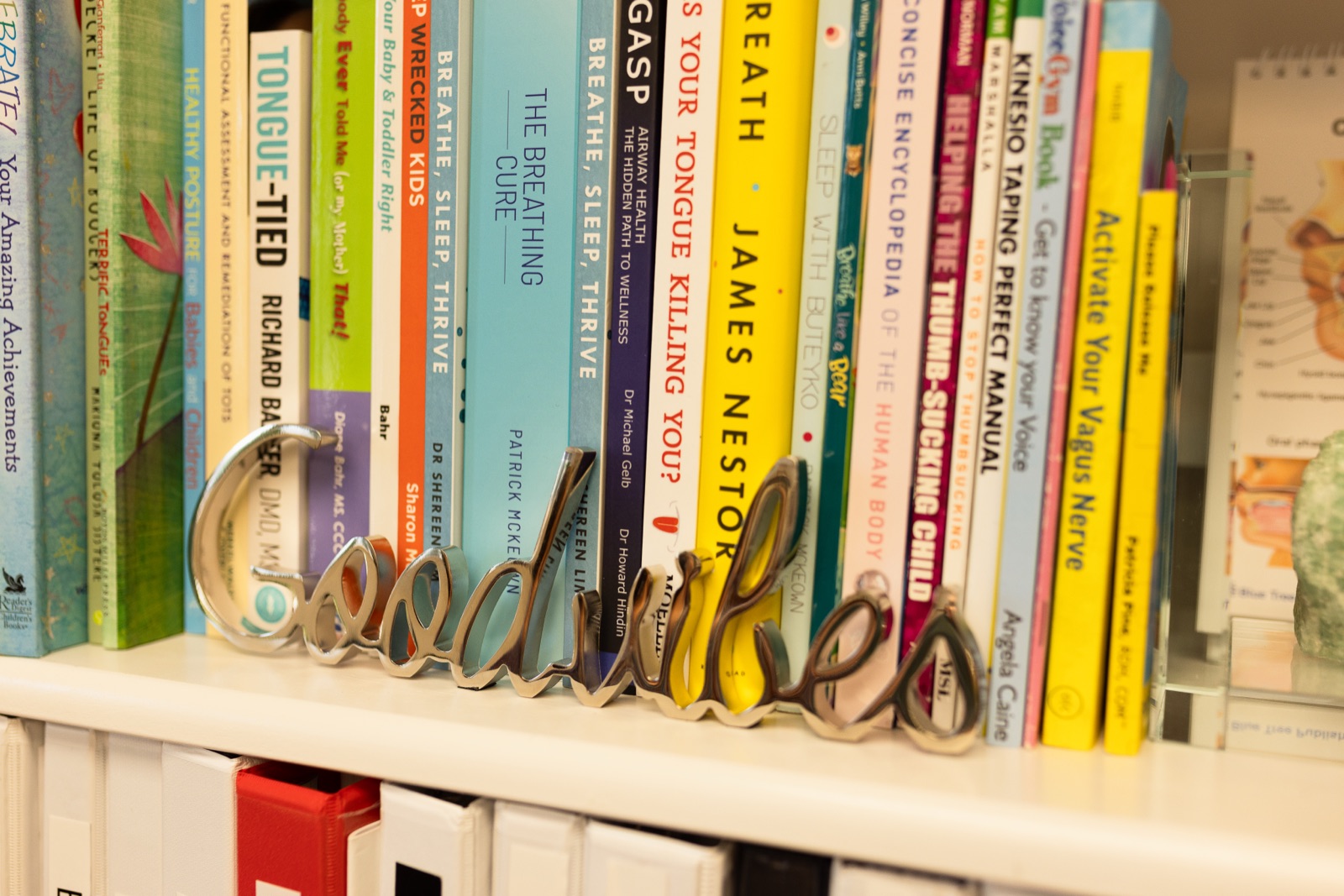A shelf of recommended books in the Digits & Spots office